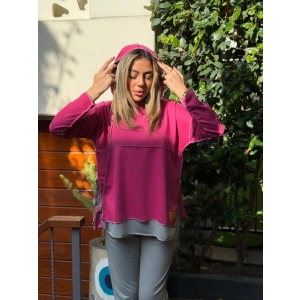 Kadın Pembe Kapşonlu Etek Ucu Detay Arma Ters Dikiş Gorunumlu Ikili Takım