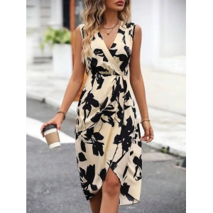 Kadın Sıfır Kol Kruvaze Yaka önden çapraz Kesim Detaylı Desenli Oysho Süprem Elbise