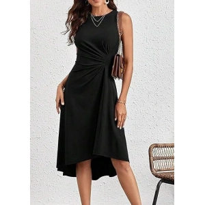 Kadın Sıfır Kollu Bisiklet Yaka Büzgülü Asimetrik Kesim Detaylı Janjan Krep Elbise