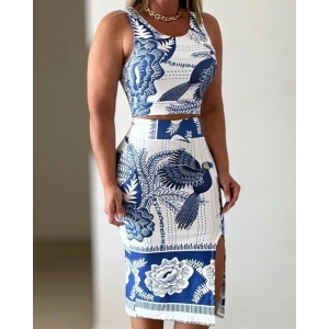 Kadın Sıfır Kollu Yuvarlak Yaka çiçekli Desenli Süprem Crop Ve Yırtmaçlı Etek Ikili Takım