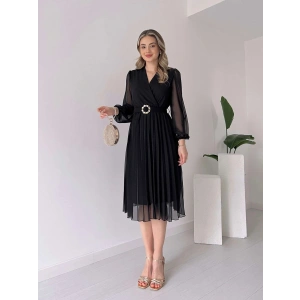 Kadın şifon Kumaş Astalı Kloş Kesim Kruvaze Yaka Midi Boy Elbise