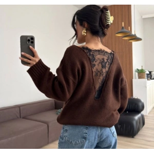 Kadın Sırtı Dantel Transparan Detay Triko Kazak