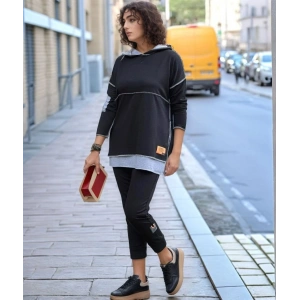 Kadın Siyah Kapşonlu Etek Ucu Detay Arma Ters Dikiş Gorunumlu Ikili Takım