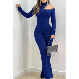 Kadın Tek Omuzdan Açık Balıkçı Yaka Taş Detaylı Uzun Ithal Krep Tulum