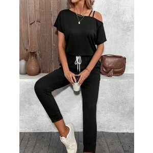 Kadın Tek Omuzdan Açık Viskon Iki Iplik Bluz Bağcıklı Pantolon Ikili Takım