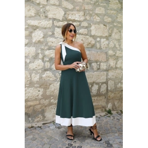 Kadın Tek Omuzu Açık Omuzlardan Kurdela Detaylı çift Renkli Ithal Krep Elbise