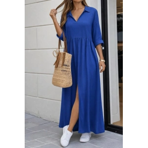 Kadın Truvakar Kollu V Yakalı Yırtmaçlı Uzun Aerobin Elbise