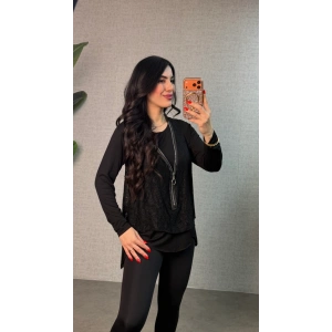 Kadın Uzun Kollu Asimetrik Kesim Bluz Ve Dantel Güpür Transparan Detay Fermuarlı Yelek Ikili Takım