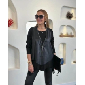 Kadın Uzun Kollu Asimetrik Kesim Viskon Bluz Ve çatlak Deri Görünümlü Yelek Ikili Takım