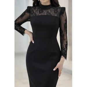 Kadın Uzun Kollu Balıkçı Yaka Dantel Detaylı Midi Ithal Krep Elbise