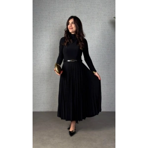 Kadın Uzun Kollu Balıkçı Yaka Kemersiz Pileli Uzun Sandy Elbise