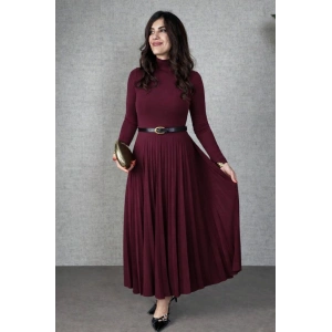 Kadın Uzun Kollu Balıkçı Yaka Kemersiz Pileli Uzun Sandy Elbise