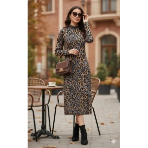 Kadın Uzun Kollu Balıkçı Yaka Leopar Desenli Midi Boy Elbise