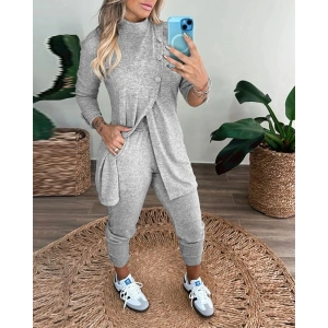 Kadın Uzun Kollu Balıkçı Yaka önden Düğmeli Bluz Ve Pantolon Yumoş Ikili Takım