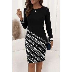 Kadın Uzun Kollu Bisiklet Yaka Desenli Dalgıç Elbise