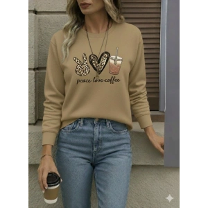 Kadın Uzun Kollu Bisiklet Yaka Kalp Desenli Viskon Iki Iplik Bluz