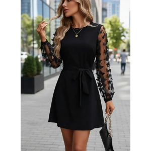 Kadın Uzun Kollu Bisiklet Yaka Kollar Tül Kelebek Detaylı Ithal Krep Elbise