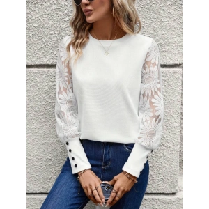 Kadın Uzun Kollu Bisiklet Yaka Kolları çiçekli Waffle Bluz