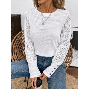 Kadın Uzun Kollu Bisiklet Yaka Kolları Tüllü Waffle Bluz