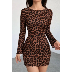 Kadın Uzun Kollu Bisiklet Yaka Leopar Desenli Dalgıç Mini Elbise