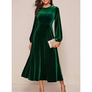 Kadın Uzun Kollu Bisiklet Yaka Midi Kadife Elbise