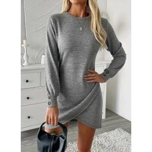 Kadın Uzun Kollu Bisiklet Yaka önden Asimetrik Kesim Detaylı Mini Yumoş Elbise
