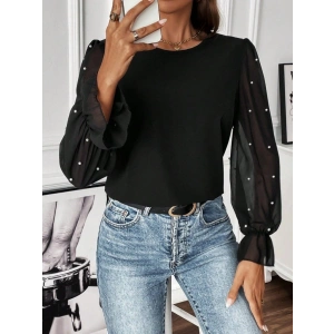 Kadın Uzun Kollu Bisiklet Yaka Tül Detaylı Incili Ithal Krep Bluz