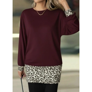 Kadın Uzun Kollu Bisiklet Yaka üst Viskon Iki Iplik Alt Leopar Desenli Mini Elbise