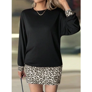 Kadın Uzun Kollu Bisiklet Yaka üst Viskon Iki Iplik Alt Leopar Desenli Mini Elbise