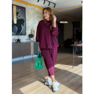 Kadın Uzun Kollu Bisiklet Yaka Viskon Iki Iplik Mor Bluz Ve Pantolon Ikili Takım