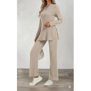 Kadın Uzun Kollu Bisiklet Yaka Yandan Yırtmaçlı şardonlu Kaşkorse Bluz Ve Pantolon Ikili Takım