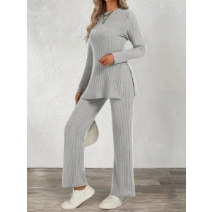 Kadın Uzun Kollu Bisiklet Yaka Yandan Yırtmaçlı şardonlu Kaşkorse Bluz Ve Pantolon Ikili Takım