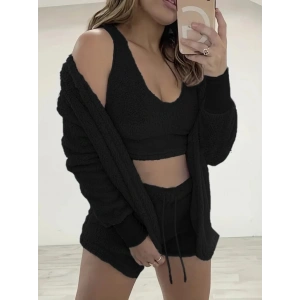 Kadın Uzun Kollu Ceket, Askılı Peluş Bluz Ve şort üçlü Takım