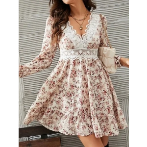 Kadın Uzun Kollu Dantel V Yakalı Mini Desenli Süprem Elbise
