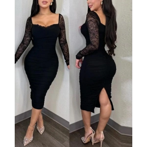 Kadın Uzun Kollu Dantelli Büzgü Detaylı Yırtmaçlı Midi Sandy Elbise