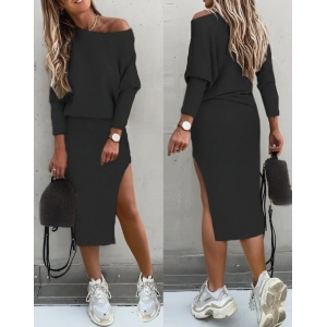 Kadın Uzun Kollu Düşük Omuz Yırtmaç Detay Kaşkorse Etek Bluz Ikili Takım