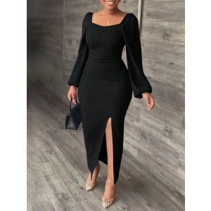 Kadın Uzun Kollu Geometrik Yakalı Yandan Yırtmaçlı Uzun Janjan Krep Elbise