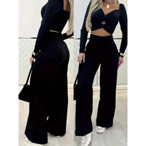 Kadın Uzun Kollu Göğüs Dekolteli Ithal Krep Bluz Ve Pantolon Ikili Takım