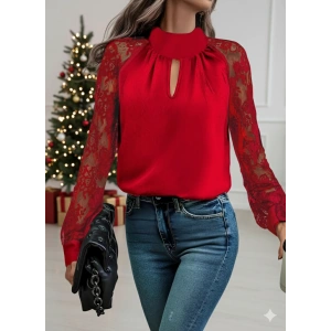 Kadın Uzun Kollu Göğüs Pencere Detay Yaka Boğazlı Kolları Tüllü Sandy Bluz