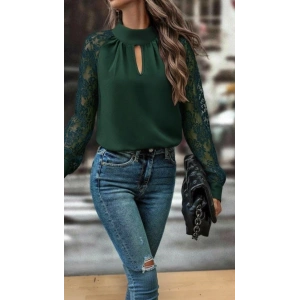 Kadın Uzun Kollu Göğüs Pencere Detay Yaka Boğazlı Kolları Tüllü Sandy Bluz