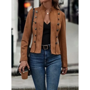 Kadın Uzun Kollu Hakim Yaka Yanlardan Düğmeli Kısa Süet Ceket