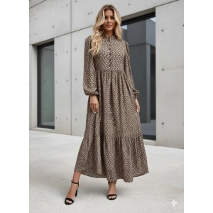 Kadın Uzun Kollu Hakim Yakalı Düğmeli Kemersiz Desenli Maxi Süprem Elbise