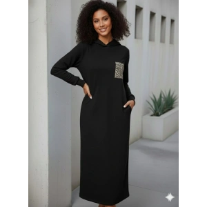 Kadın Uzun Kollu Kapşonlu Cep Detaylı Viskon Iki Iplik Maxi Elbise