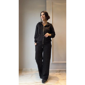 Kadın Uzun Kollu Kapşonlu Fermuarlı Taşlı önü Fermuarlı Viskon Iki Iplik Bluz Ve Eşofman Altı Ikili Takım