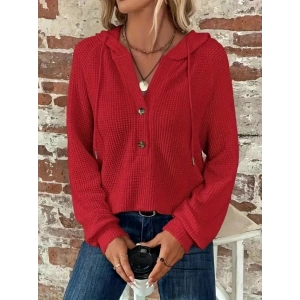 Kadın Uzun Kollu Kapşonlu önü Düğmeli Ve Bağcıklı Waffle Bluz