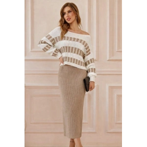 Kadın Uzun Kollu Kayık Yakalı Salaş Triko Bluz Ve Etek Ikili Takım