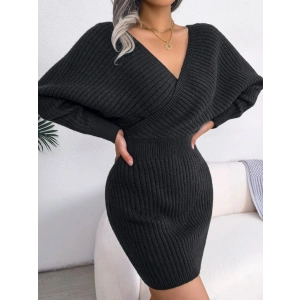 Kadın Uzun Kollu Kruvaze Geniş Yakalı Mini Triko Elbise