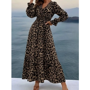 Kadın Uzun Kollu Kruvaze Yaka Leopar Desenli Uzun Süprem Elbise