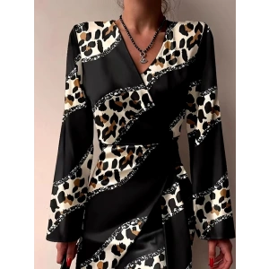 Kadın Uzun Kollu Kruvaze Yakalı Asimetrik Detaylı Mini Modal Elbise