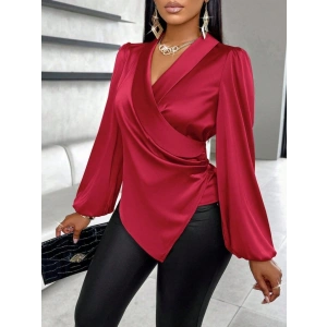 Kadın Uzun Kollu Kruvaze Yakalı Asimetrik Saten Bluz